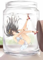 Rule 34 | 10s, 1girl, afloat, air bubble, azuuru (azure0608), bikini, bikini skirt, black hair, bottle, bracelet, breasts, brown eyes, brown hair, bubble, cleavage, floating, floating hair, full body, hair ornament, hairband, haruna (kancolle), headgear, in bottle, in container, jar, jewelry, kantai collection, long hair, looking at viewer, mini person, minigirl, pun, smile, solo, submerged, swimsuit, underwater, water, white bikini