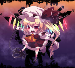 Rule 34 | 1girl, ascot, blonde hair, boooo-im, chibi, dress, fang, female focus, flandre scarlet, grave, hat, highres, house, laevatein, long hair, mary janes, open mouth, red dress, red eyes, shoes, side ponytail, slit pupils, solo, embodiment of scarlet devil, touhou, vampire, weapon, wings