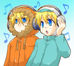 Rule 34 | 2boys, blonde hair, butters stotch, commentary, english commentary, fur-trimmed hood, fur trim, hand on headphones, headphones, hood, hood up, hooded jacket, jacket, kenny mccormick, long sleeves, male focus, multiple boys, musical note, open mouth, sakurapanda, south park, upper body