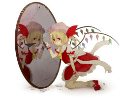 Rule 34 | 1girl, al (arupaka), blonde hair, broken mirror, different reflection, female focus, flandre scarlet, mirror, ponytail, red eyes, reflection, short hair, side ponytail, solo, touhou, wings