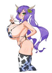 Rule 34 | 1girl, animal ears, animal print, ass, bare arms, bare shoulders, bikini, blush, breasts, cleavage, commentary request, cow ears, cow girl, cow horns, cow print, cowboy shot, cropped legs, curvy, from side, green eyes, hanging, highres, horns, huge breasts, indie virtual youtuber, laurel crown, long hair, looking at viewer, looking to the side, makinakid, micro bikini, monochrome, purple hair, romolla, sidelocks, simple background, sketch, skindentation, smile, solo, standing, swimsuit, thick thighs, thighhighs, thighs, twintails, underboob, v, virtual youtuber, white background