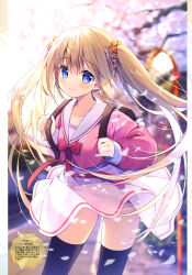 Rule 34 | 1girl, absurdres, backpack, bag, black thighhighs, blonde hair, blue eyes, blurry, blurry background, blush, bow, bowtie, cherry blossoms, closed mouth, collarbone, day, depth of field, falling petals, hair between eyes, hair ornament, hair scrunchie, highres, long hair, long sleeves, looking at viewer, non-web source, original, outdoors, petals, pink shirt, pleated skirt, red bow, sailor collar, scan, school uniform, scrunchie, serafuku, shirahana (suimya), shirt, sidelocks, skirt, smile, solo, standing, suimya, thighhighs, translation request, twintails, very long hair, white sailor collar, white skirt