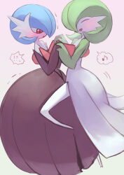 absurdres alternate_color black_dress black_gloves blue_hair blush bob_cut closed_eyes creatures_(company) dancing dress elbow_gloves game_freak gardevoir gen_3_pokemon gloves green_hair highres holding_hands mega_gardevoir mega_pokemon musical_note nintendo open_mouth pokemon pokemon_(creature) shiny_pokemon sketch strapless strapless_dress uedrk_yamato white_dress