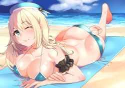 Rule 34 | 10s, 1girl, ass, atago (kancolle), bad id, bad pixiv id, barefoot, beach, bikini, blonde hair, breasts, butt crack, day, feet, female focus, green eyes, hat, kantai collection, kyuuso inukami, large breasts, leg up, long hair, lying, on stomach, one eye closed, smile, soles, solo, strap gap, swimsuit, the pose, toes
