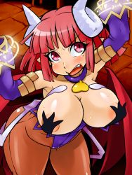 Rule 34 | 1girl, angry, areola slip, bat wings, blush, breasts, cleavage, demon girl, double typhoon, female pubic hair, gem, horns, huge breasts, la pucelle, legs, maou prier, mole, nipples, nippon ichi, open mouth, pantyhose, pointy ears, prier, pubic hair, puffy nipples, red eyes, red hair, solo, sweat, wings