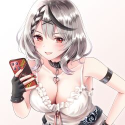 Rule 34 | 1girl, belt, belt collar, black belt, black collar, black gloves, black hair, blush, braid, breasts, camisole, cellphone, cleavage, collar, fingerless gloves, gloves, grey hair, hair ornament, holding, holding phone, hololive, large breasts, looking at viewer, medium hair, mikii, multicolored hair, open mouth, phone, red eyes, sakamata chloe, sakamata chloe (1st costume), single braid, smartphone, smile, solo, streaked hair, virtual youtuber, white background, white camisole, x hair ornament