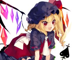 Rule 34 | 1girl, :d, alternate color, blonde hair, crystal, daimaou ruaeru, fang, flandre scarlet, hat, long hair, mob cap, open mouth, red eyes, side ponytail, smile, solo, touhou, white background, wings