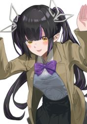 Rule 34 | 1girl, nanashi inc., absurdres, black hair, black skirt, blush, bow, bowtie, breasts, brown jacket, collared shirt, commentary request, cowboy shot, demon girl, demon horns, highres, horns, jacket, kojo anna, long hair, long sleeves, medium breasts, multicolored hair, open mouth, pleated skirt, pointy ears, purple bow, purple bowtie, purple hair, sankyo (821-scoville), shirt, simple background, skirt, smile, sugar lyric, transparent background, twintails, two-tone hair, virtual youtuber, white shirt, yellow eyes