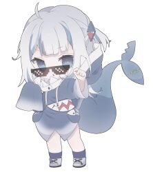 Rule 34 | 1girl, ahoge, animal costume, animal hood, blue eyes, blue hair, blue hoodie, blue socks, blunt bangs, chestnut mouth, chibi, commentary, deal with it (meme), fins, fish tail, gawr gura, gawr gura (1st costume), grey hair, hair ornament, hands up, highres, hocmiya, hololive, hololive english, hood, hoodie, looking at viewer, medium hair, meme, multicolored hair, one side up, pixelated, shark costume, shark girl, shark hair ornament, shark hood, shark print, shark tail, shoes, sidelocks, simple background, sleeves past fingers, sleeves past wrists, socks, solo, standing, streaked hair, sunglasses, symbol-only commentary, tail, virtual youtuber, white background, white footwear