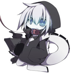 Rule 34 | 10s, 1girl, abyssal ship, blue eyes, chibi, collar, hood, hooded jacket, jacket, kantai collection, kisaragi kaya, leash, machinery, open mouth, pale skin, re-class battleship, sleeves past wrists, solo, sweatdrop, tail, turret, wavy mouth, white hair