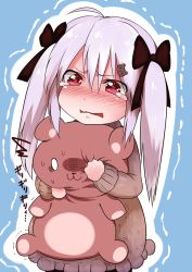 Rule 34 | 1girl, ahoge, bad id, bad pixiv id, bear hair ornament, blue background, blush, clenched hands, crying, crying with eyes open, full-face blush, hair ornament, hair ribbon, highres, original, red eyes, ribbon, silver hair, simple background, solo, stuffed animal, stuffed toy, sukemyon, sweatdrop, sweater, tears, teddy bear, trembling, turtleneck, turtleneck sweater, twintails, upper body