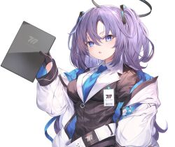 Rule 34 | 1girl, black gloves, blue archive, blue eyes, blue necktie, collared shirt, fal maro, gloves, hair between eyes, half gloves, halo, highres, holding, holding tablet pc, jacket, long hair, long sleeves, looking at viewer, necktie, open clothes, open jacket, parted lips, purple hair, school uniform, shirt, simple background, tablet pc, triangle hair ornament, two side up, upper body, white background, white jacket, white shirt, yuuka (blue archive)