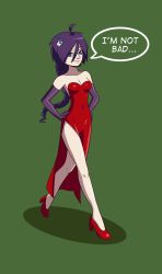 Rule 34 | 1girl, blue eyes, breasts, cleavage, cosplay, dress, elbow gloves, gloves, high heels, highres, jessica rabbit, jessica rabbit (cosplay), purple hair, red dress, solo, translated, zone-tan