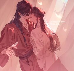 Rule 34 | 2boys, bandaged arm, bandaged neck, bandages, bishounen, black hair, blush, braid, brown hair, bug, butterfly, chinese clothes, closed eyes, collarbone, curtains, galbae, glowing butterfly, hair bun, hair ribbon, hanfu, hua cheng, imminent kiss, insect, long hair, looking at another, male focus, multiple boys, red eyes, red hanfu, red robe, ribbon, robe, simple background, string, string around finger, string of fate, tianguan cifu, white butterfly, white hanfu, white robe, xie lian, yaoi