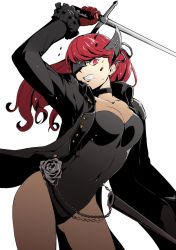 Rule 34 | 1girl, black choker, black coat, black leotard, breasts, choker, cleavage, clenched teeth, coat, collarbone, contrapposto, floating hair, gloves, gluteal fold, highleg, highleg leotard, highres, holding, holding sword, holding weapon, igusaharu, leotard, long hair, looking at viewer, mask, medium breasts, open clothes, open coat, persona, persona 5, persona 5 the royal, ponytail, red eyes, red gloves, red hair, simple background, solo, strapless, strapless leotard, sword, teeth, weapon, white background, yoshizawa kasumi