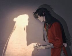 Rule 34 | 1boy, arm behind back, black hair, black nails, braid, chinese clothes, closed mouth, couple, dark, drop shadow, earrings, eyepatch, from side, gatan666, grey background, hair bun, hanfu, highres, holding hands, hua cheng, jewelry, leaning forward, long sleeves, looking ahead, nail polish, pointy ears, profile, red robe, robe, shadow, side braid, single hair bun, smile, solo focus, tianguan cifu, upper body, wide sleeves, xie lian, yaoi