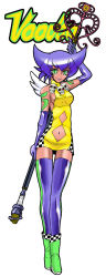 Rule 34 | 1girl, blue hair, boots, breasts, clothing cutout, dark-skinned female, dark skin, dress, elbow gloves, full body, gloves, green eyes, green footwear, highres, matsuda miki, navel, navel cutout, no nose, original, p-51 mustang, personification, race queen, racing, short dress, sideboob, skull, smile, solo, staff, standing, tattoo, thigh gap, thighhighs, white background, zettai ryouiki