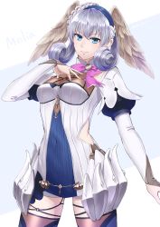 Rule 34 | 1girl, 47e 0221, blue eyes, character name, closed mouth, curly hair, head wings, highres, long sleeves, melia antiqua, nintendo, o-ring, puffy sleeves, silver hair, simple background, solo, twitter username, wings, xenoblade chronicles, xenoblade chronicles: future connected, xenoblade chronicles (series), xenoblade chronicles 1