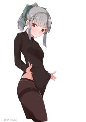 Rule 34 | 1girl, absurdres, alternate costume, black pantyhose, blush, bow, breasts, brown eyes, green bow, grey hair, hair bow, heattech leotard, highleg, highres, kantai collection, leotard, looking at viewer, panties, panties under pantyhose, pantyhose, ponytail, sidelocks, simple background, small breasts, smile, solo, thighband pantyhose, turtleneck, underwear, uut, white background, white panties, yuubari (kancolle)