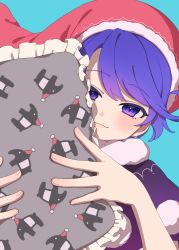 Rule 34 | 1girl, blue background, closed mouth, doremy sweet, e sdss, hat, highres, holding, looking at viewer, nightcap, pillow, purple eyes, purple hair, red hat, short hair, simple background, solo, tapir print, touhou, upper body