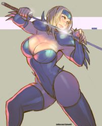 Rule 34 | 1girl, absurdres, blonde hair, blue eyes, blue leotard, blue thighhighs, blush, breasts, cleavage, closed mouth, commentary, highres, katana, large breasts, leotard, lips, mizuki (punisher), ninja, punisher (capcom), rejean dubois, solo, standing, sword, the punisher, thighhighs, thighs, weapon
