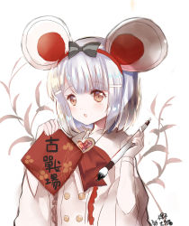 Rule 34 | 1girl, animal ears, black bow, blush, bow, brooch, brown eyes, calligraphy brush, commentary request, granblue fantasy, hair bow, hair ornament, hairclip, hands up, heart, heart brooch, holding, holding paintbrush, jewelry, long sleeves, looking at viewer, lunacats, mouse ears, paintbrush, parted lips, shirt, short hair, signature, silver hair, simple background, solo, striped, striped bow, translation request, upper body, vikala (granblue fantasy), white background, white shirt