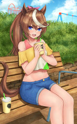 Rule 34 | 1girl, absurdres, amusement park, animal ears, bare shoulders, blue eyes, blush, bow, breasts, commentary request, cup, denim, denim shorts, disposable cup, drinking straw, feet out of frame, hair between eyes, hair bow, hedge, highres, holding, holding cup, horse ears, horse girl, horse tail, long hair, m172/minatsu, midriff, multicolored hair, navel, off-shoulder shirt, off shoulder, official alternate costume, outdoors, pink bow, ponytail, shirt, shorts, sitting on bench, smile, solo, streaked hair, tail, tokai teio (umamusume), umamusume, white hair, wooden bench