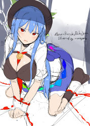 Rule 34 | 1girl, :o, absurdres, all fours, animal collar, arrow (symbol), artist name, bad id, bad pixiv id, bdsm, between breasts, black bra, black hat, blue hair, blue skirt, blush, bondage, boots, bound, bowler hat, bra, breasts, brown footwear, buckle, chain, cleavage, collar, frills, full body, hanging breasts, hat, head tilt, highres, hinanawi tenshi, knee boots, large breasts, leash, looking at viewer, necktie, necktie between breasts, neropaso, open mouth, rainbow order, red eyes, red necktie, restrained, ribbon, shawl, shirt, sidelocks, sketch, skirt, solo, sweat, sweatdrop, teardrop, tears, touhou, tsurime, underwear, white shirt
