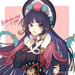 Rule 34 | 1girl, blunt bangs, bonnet, border, capelet, eyeshadow, fan (blackpanda), genshin impact, hair ornament, highres, long hair, long sleeves, looking at viewer, makeup, open mouth, outside border, pink background, purple hair, red eyes, red eyeshadow, signature, simple background, solo, tassel, upper body, white border, yun jin (genshin impact)