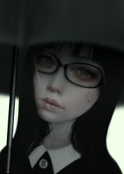 Rule 34 | 1girl, bags under eyes, black-framed eyewear, black hair, brown eyes, commentary request, genk, glasses, highres, holding, holding umbrella, lips, long hair, looking at viewer, mixed-language commentary, mole, nose, original, portrait, solo, umbrella