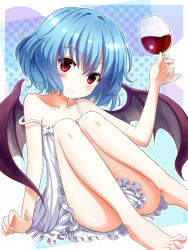 Rule 34 | 1girl, bare shoulders, barefoot, bat wings, blue hair, blush, chemise, cup, drinking glass, glass, looking at viewer, mount whip, off shoulder, red eyes, remilia scarlet, short hair, sitting, smile, solo, strap slip, touhou, wine glass, wings
