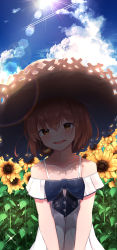 Rule 34 | 1girl, absurdres, bare shoulders, blue sky, brown eyes, brown hair, cloud, collarbone, day, dress, field, flower, flower field, hat, highres, kantai collection, looking at viewer, open mouth, outdoors, short hair, sky, smile, solo, speaking tube headset, straw hat, suisen-21, sun, sunflower, sunflower field, sunlight, yukikaze (kancolle)