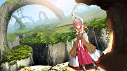 Rule 34 | armpits, bird, canyon, detached sleeves, closed eyes, fantasy, hat, kouji (astral reverie), nature, original, red hair, scenery, solo, stretching, water, waterfall