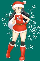 Rule 34 | 1girl, beanie, belt, black hair, black thighhighs, blue eyes, blush, boots, brown belt, christmas, commentary request, creatures (company), dawn (pokemon), dress, fur-trimmed dress, fur trim, game freak, gloves, green background, hat, highres, holding, holding sack, long hair, looking to the side, nintendo, over-kneehighs, over shoulder, parted lips, pokemon, pokemon dppt, red dress, red footwear, red gloves, red hat, sack, santa boots, santa dress, santa gloves, santa hat, short dress, sleeveless, sleeveless dress, solo, standing, thighhighs, tof