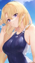 Rule 34 | 1girl, bare shoulders, blonde hair, blue one-piece swimsuit, blue sky, blush, breasts, cloud, competition swimsuit, hair between eyes, highleg, highleg swimsuit, large breasts, long hair, looking at viewer, one-piece swimsuit, original, outdoors, parted bangs, parted lips, purple eyes, sidelocks, sky, solo, swimsuit, two-tone swimsuit, upper body, vegetablenabe, very long hair, water drop, wet, wet clothes, wet hair, wet swimsuit, white one-piece swimsuit