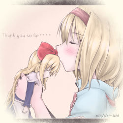 Rule 34 | 1girl, alice margatroid, aosiro-michi, apron, artist name, blonde hair, blush, bow, capelet, commentary request, dated, english text, eyelashes, closed eyes, female focus, kissing forehead, hair bow, headband, kiss, kissing forehead, letterboxed, long hair, long sleeves, profile, shanghai doll, short hair, solo, touhou, waist apron