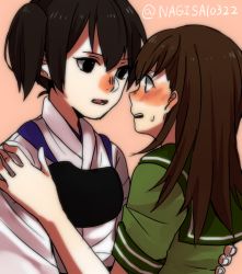 Rule 34 | 2girls, black eyes, black hair, blush, brown hair, commentary request, face-to-face, hair between eyes, hand on another&#039;s back, hand on another&#039;s shoulder, kaga (kancolle), kantai collection, long hair, looking at another, multiple girls, muneate, nagisa (12363), ooi (kancolle), open mouth, pink background, short sleeves, sweat, twitter username