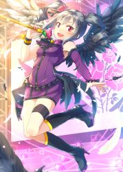 Rule 34 | 10s, 1girl, angel wings, armpits, bad id, bad pixiv id, bare shoulders, blush, boots, detached sleeves, dress, drill hair, flower, hair flower, hair ornament, hair ribbon, highres, idolmaster, idolmaster cinderella girls, kanzaki ranko, long hair, looking at viewer, open mouth, red eyes, ribbon, scepter, silver hair, smile, solo, thigh strap, twin drills, twintails, u (mikaduki0720), wings