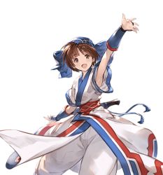 Rule 34 | 10s, 1girl, ainu clothes, alpha transparency, arm up, bow, brown eyes, brown hair, granblue fantasy, minaba hideo, official art, rimururu, samurai spirits, short hair, short sleeves, smile, solo, standing, standing on one leg, transparent background