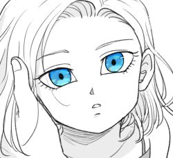 Rule 34 | 1girl, android 18, blue eyes, blue theme, dragon ball, dragonball z, expressionless, fingernails, greyscale, looking at viewer, monochrome, open mouth, portrait, pov, short hair, simple background, solo focus, tkgsize, white background