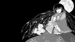 Rule 34 | 1girl, black background, branch, cowboy shot, full moon, greyscale, highres, houraisan kaguya, jeweled branch of hourai, long hair, long sleeves, monochrome, moon, open mouth, skirt, sleeves past wrists, solo, sunatoshi, touhou, very long hair, wide sleeves
