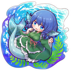 Rule 34 | 1girl, arinu, blue eyes, blue hair, blush, earrings, fins, full body, green kimono, hair between eyes, head fins, japanese clothes, jewelry, kimono, long sleeves, mermaid, monster girl, obi, open mouth, sash, short hair, simple background, smile, solo, touhou, wakasagihime, white background, wide sleeves