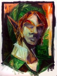 Rule 34 | 1boy, acrylic paint (medium), earrings, highres, jewelry, link, male focus, nintendo, painting (medium), pointy ears, portrait, solo, spire-iii (spire), the legend of zelda, traditional media, tunic, unfinished