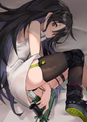 Rule 34 | 0shino, 1girl, armpits, ass, bare arms, bare shoulders, between legs, black footwear, black hair, black panties, black thighhighs, c-ms (girls&#039; frontline), cbj-ms, closed mouth, colored inner hair, dress, extended magazine, foregrip, girls&#039; frontline, gun, handgun, holding, knee pads, long hair, looking at viewer, lying, machine pistol, mole, mole under eye, multicolored hair, on side, panties, personal defense weapon, pistol, red eyes, shoes, short dress, single thighhigh, skindentation, sleeveless, sleeveless dress, solo, submachine gun, thigh strap, thighhighs, underwear, very long hair, weapon, white dress