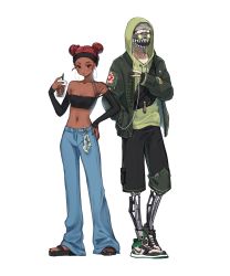 Rule 34 | 1boy, 1girl, absurdres, alternate costume, animification, apex legends, arm tattoo, bad id, bad pixiv id, barefoot sandals (jewelry), beanie, black headband, black shorts, black tube top, bomber jacket, brown eyes, collarbone, cup, dark-skinned female, dark skin, disposable cup, double bun, earrings, fanny pack, goggles, green hair, green hoodie, green jacket, grey headwear, hair bun, hat, headband, highres, holding, holding cup, hood, hoodie, hoop earrings, jacket, jewelry, lifeline (apex legends), mask, mechanical legs, midriff, mouth mask, navel, nike (company), nimo (fb74716610), octane (apex legends), off shoulder, red hair, shoes, shorts, sneakers, starbucks, strapless, tattoo, tube top, v