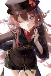 Rule 34 | 1girl, black hat, black nails, black shorts, brown coat, brown hair, coat, commentary request, cowboy shot, flower, flower-shaped pupils, genshin impact, grin, hand up, hat, hat flower, heart, highres, hu tao (genshin impact), jewelry, leaning forward, long hair, long sleeves, looking at viewer, multiple rings, one eye closed, pkokonatu, plum blossoms, porkpie hat, red shirt, ring, shirt, shorts, simple background, smile, solo, symbol-shaped pupils, twitter username, very long hair, white background
