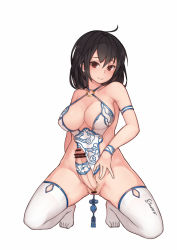 Rule 34 | 1girl, anal, anal ball wear, anal object insertion, armlet, bar censor, bare shoulders, black hair, bracelet, breasts, brown eyes, censored, center opening, chinese clothes, covered navel, erection, exposed clitoris, facing viewer, full body, futanari, futanari, highres, insertion clothing, jewelry, kneeling, large breasts, long hair, looking at viewer, medium breasts, nib pen (medium), no bra, no panties, no shoes, o-ring, object insertion, original, partially visible vulva, penis, signature, simple background, solo, stmast, tassel, thighhighs, traditional media, white background