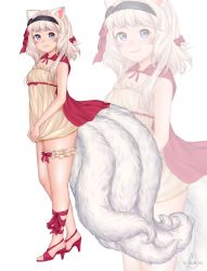 Rule 34 | 1girl, absurdres, animal ears, blue eyes, blush, bow, cat ears, cat girl, closed mouth, commission, dress, hair bow, hairband, high heels, highres, looking at viewer, medium hair, original, red bow, red footwear, smile, solo, susukitten, white dress, white hair