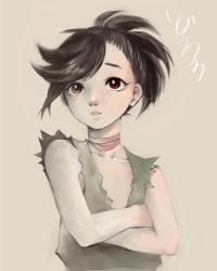 Rule 34 | 1girl, absurdres, androgynous, black hair, crossed arms, dororo (character), dororo (tezuka), grey background, grey eyes, heterochromia, highres, parted bangs, parted lips, red eyes, simple background, sleeveless, solo, spiked hair, upper body, yuunya2000