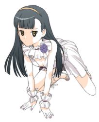 Rule 34 | 10s, 1girl, all fours, android, bare shoulders, black hair, blunt bangs, breasts, brown eyes, cleavage, covered erect nipples, cross-laced footwear, dress, empty eyes, flat chest, flower, frills, full body, hairband, kikumaru bunta, medium breasts, nail polish, sasa kazamori, simple background, solo, un-go, wrist cuffs